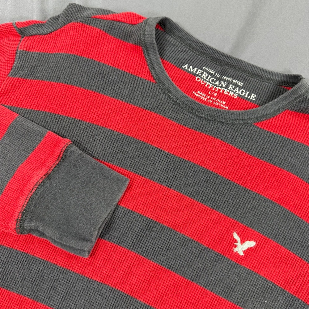 American Eagle Mens Large Red Gray Striped Thermal Long Sleeve Y2K Streetwear